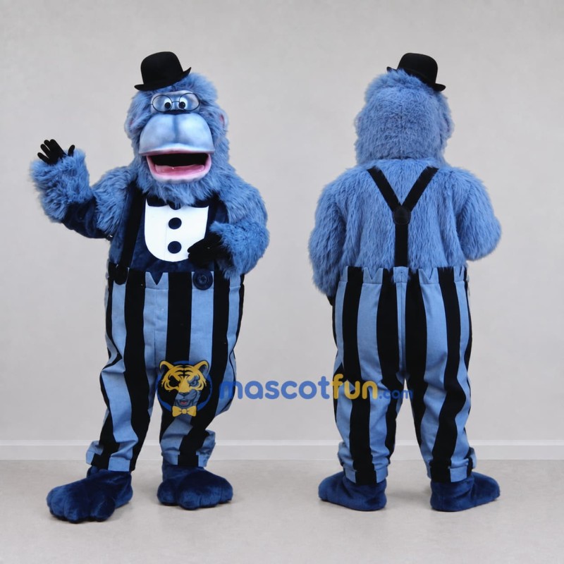 Custom Blue and Black Gorilla Character in a Top Hat Mascot Costume Adult Full Body Suit for Theme Parties Custom Blue and Black Gorilla Character in a Top Hat Mascot Costume Adult Full Body Suit for Theme Parties
