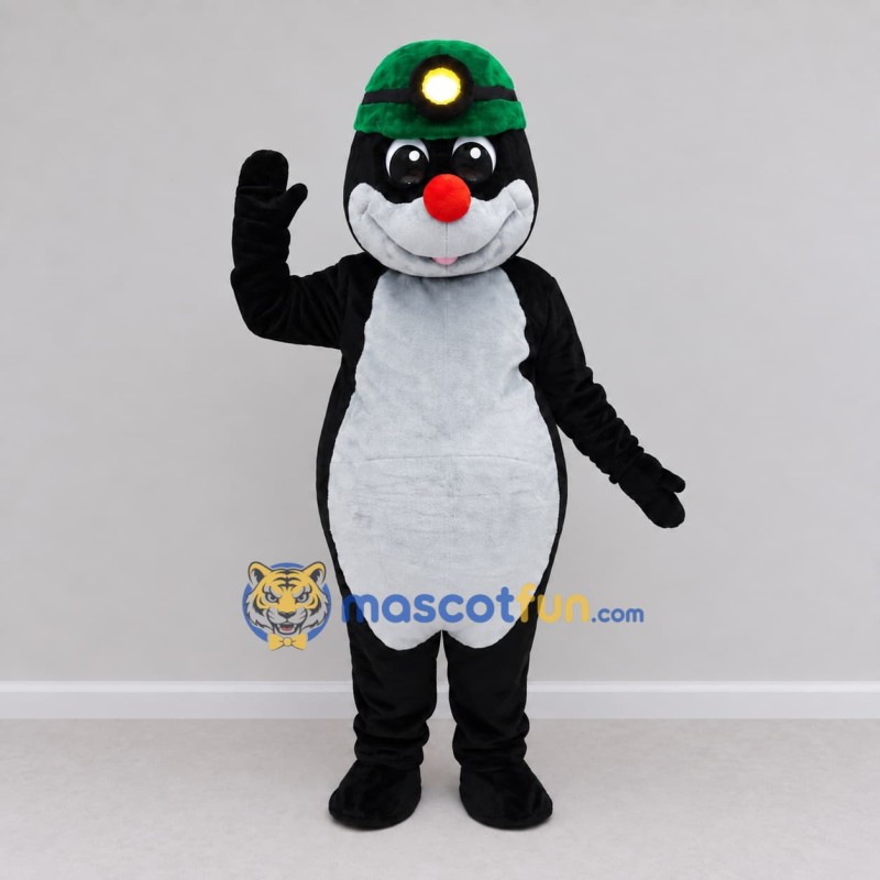 Custom Black and White Mole Character with a Headlamp Hat Mascot Costume Adult Full Body Suit for Theme Parties Custom Black and White Mole Character with a Headlamp Hat Mascot Costume Adult Full Body Suit for Theme Parties