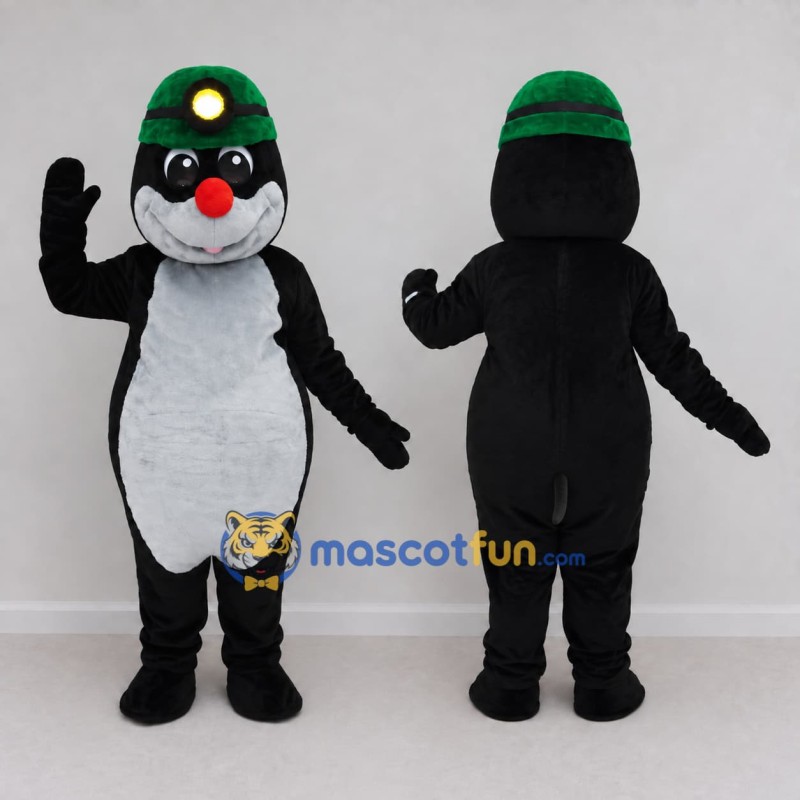 Custom Black and White Mole Character with a Headlamp Hat Mascot Costume Adult Full Body Suit for Theme Parties Custom Black and White Mole Character with a Headlamp Hat Mascot Costume Adult Full Body Suit for Theme Parties