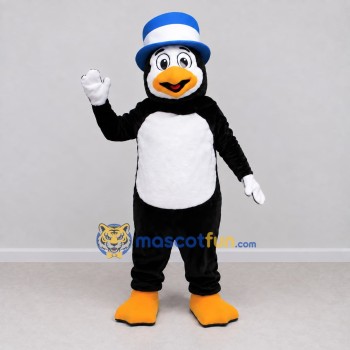 Custom Black and White Penguin with a Blue Top Hat Mascot Costume Adult Full Body Suit for Theme Parties