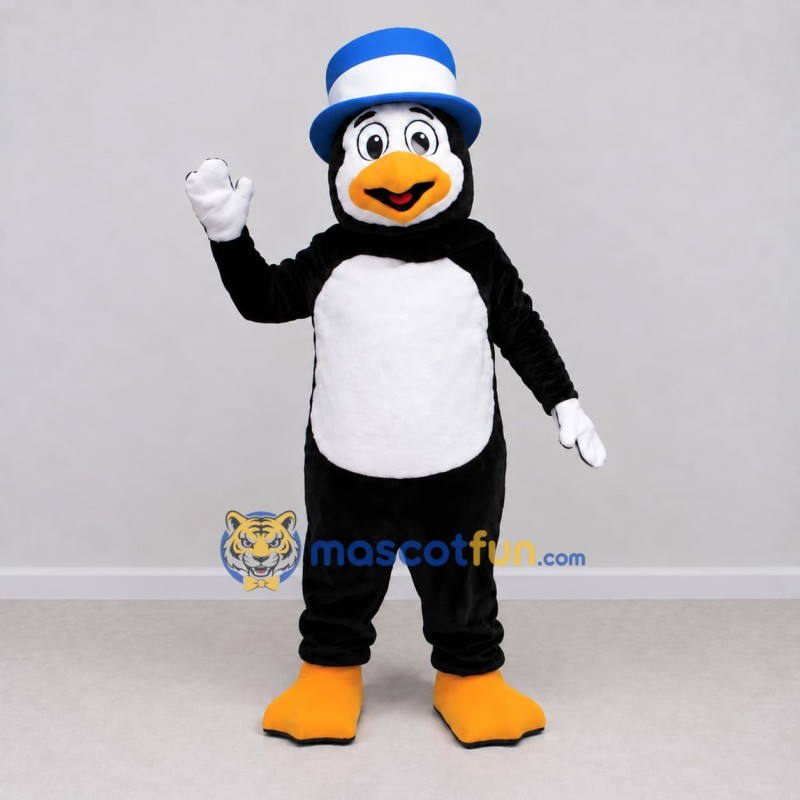 Custom Black and White Penguin with a Blue Top Hat Mascot Costume Adult Full Body Suit for Theme Parties Custom Black and White Penguin with a Blue Top Hat Mascot Costume Adult Full Body Suit for Theme Parties