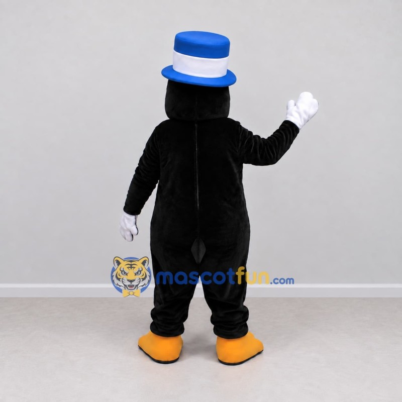 Custom Black and White Penguin with a Blue Top Hat Mascot Costume Adult Full Body Suit for Theme Parties Custom Black and White Penguin with a Blue Top Hat Mascot Costume Adult Full Body Suit for Theme Parties