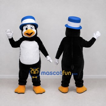 Custom Black and White Penguin with a Blue Top Hat Mascot Costume Adult Full Body Suit for Theme Parties