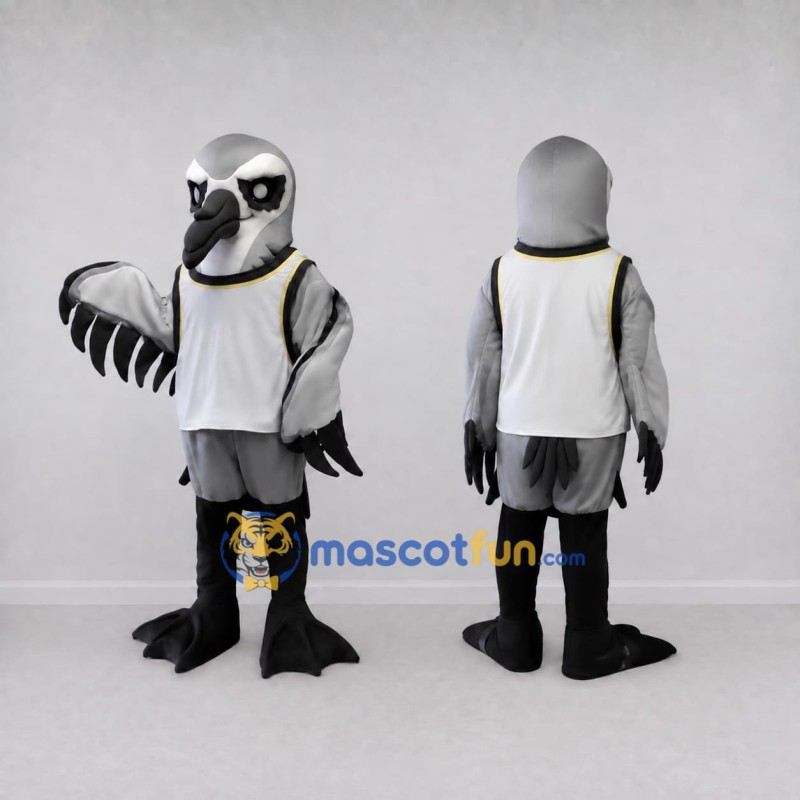 Custom Gray and White Bird Character in a Jersey Mascot Costume Adult Full Body Suit for Sports Events Custom Gray and White Bird Character in a Jersey Mascot Costume Adult Full Body Suit for Sports Events