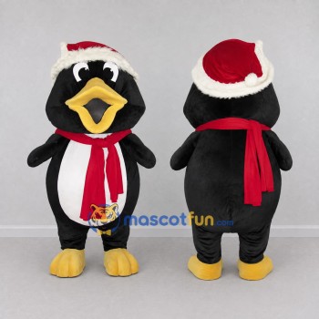 Custom Black and White Penguin with a Santa Hat and Scarf Mascot Costume Adult Full Body Suit for Christmas Events