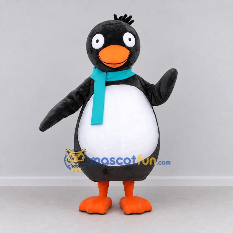 Custom Gray and White Penguin with a Teal Scarf Mascot Costume Adult Full Body Suit for Winter Events Custom Gray and White Penguin with a Teal Scarf Mascot Costume Adult Full Body Suit for Winter Events