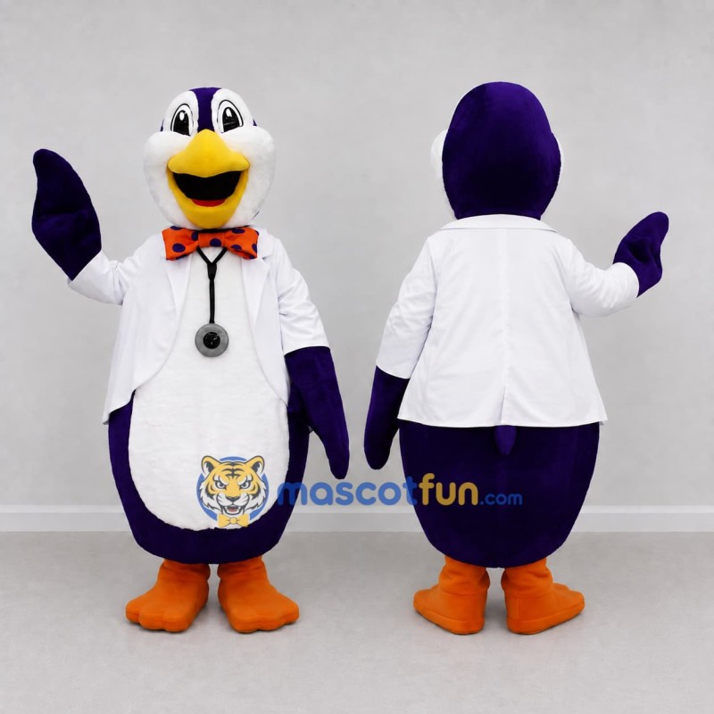 Custom Purple and White Penguin Doctor Character Mascot Costume Adult Full Body Suit for Community Events Custom Purple and White Penguin Doctor Character Mascot Costume Adult Full Body Suit for Community Events