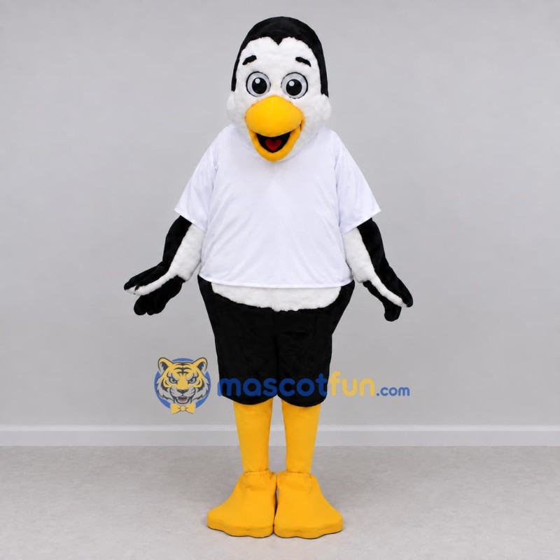 Custom Black and White Bird Character in a T-Shirt Mascot Costume Adult Full Body Suit for School Events Custom Black and White Bird Character in a T-Shirt Mascot Costume Adult Full Body Suit for School Events