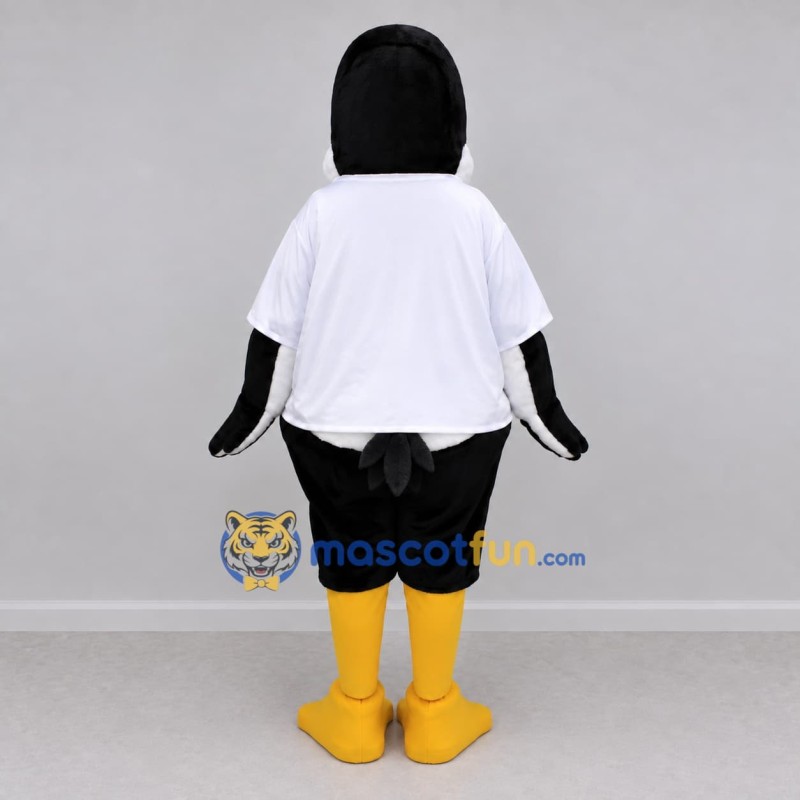 Custom Black and White Bird Character in a T-Shirt Mascot Costume Adult Full Body Suit for School Events Custom Black and White Bird Character in a T-Shirt Mascot Costume Adult Full Body Suit for School Events