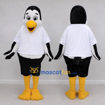 Custom Black and White Bird Character in a T-Shirt Mascot Costume Adult Full Body Suit for School Events