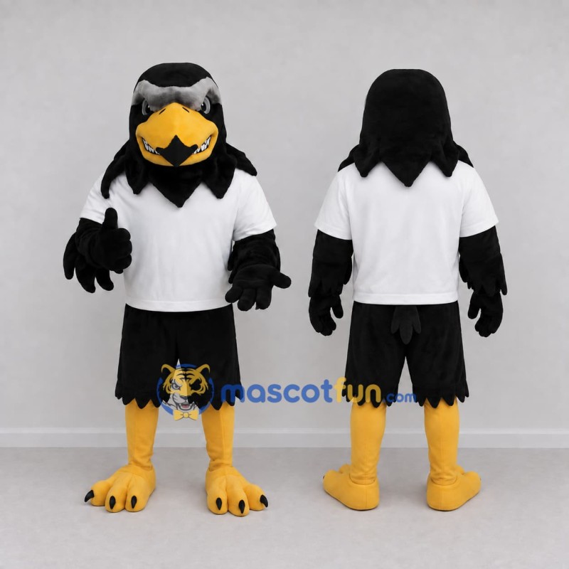 Custom Black and White Eagle Character in a T-Shirt Mascot Costume Adult Full Body Suit for Sports Events Custom Black and White Eagle Character in a T-Shirt Mascot Costume Adult Full Body Suit for Sports Events