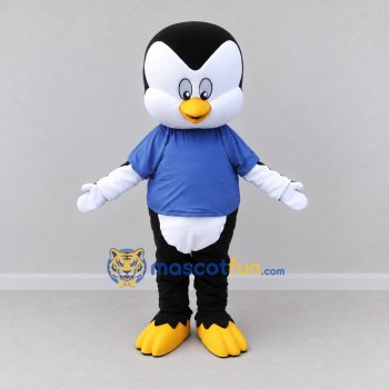Custom Black and Blue Penguin Character in a T-Shirt Mascot Costume Adult Full Body Suit for School Events Custom Black and Blue Penguin Character in a T-Shirt Mascot Costume Adult Full Body Suit for School Events