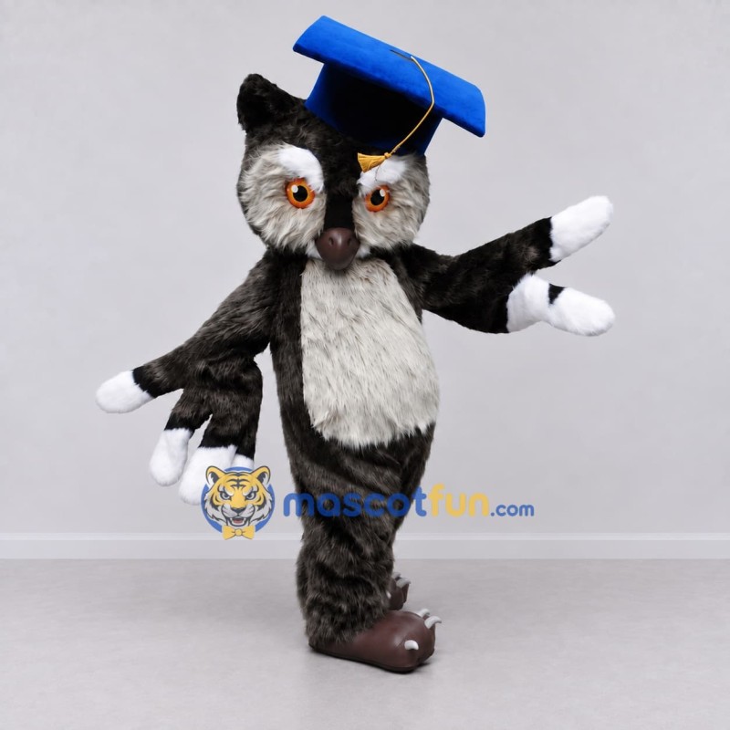 Custom Gray and White Owl Graduate Character Mascot Costume Adult Full Body Suit for School Events