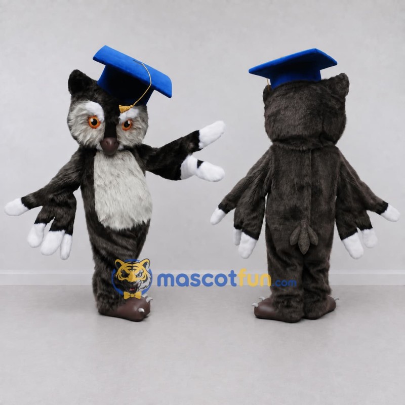 Custom Gray and White Owl Graduate Character Mascot Costume Adult Full Body Suit for School Events