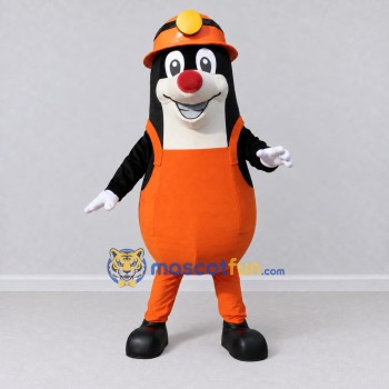 Custom Black and Orange Mole Character in Workwear Mascot Costume Adult Full Body Suit for Community Events Custom Black and Orange Mole Character in Workwear Mascot Costume Adult Full Body Suit for Community Events