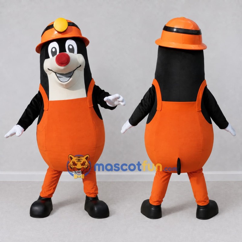 Custom Black and Orange Mole Character in Workwear Mascot Costume Adult Full Body Suit for Community Events Custom Black and Orange Mole Character in Workwear Mascot Costume Adult Full Body Suit for Community Events
