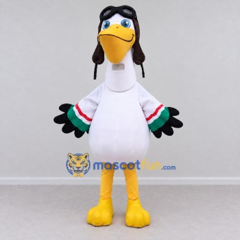 Custom White and Yellow Aviator Bird Character Mascot Costume Adult Full Body Suit for Theme Parties