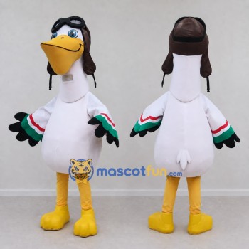 Custom White and Yellow Aviator Bird Character Mascot Costume Adult Full Body Suit for Theme Parties
