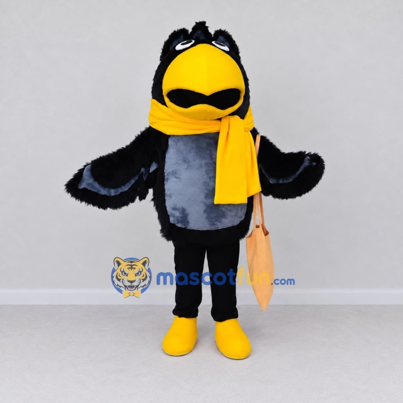 Custom Black and Yellow Bird Character with a Scarf Mascot Costume Adult Full Body Suit for School Events Custom Black and Yellow Bird Character with a Scarf Mascot Costume Adult Full Body Suit for School Events