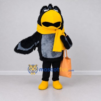 Custom Black and Yellow Bird Character with a Scarf Mascot Costume Adult Full Body Suit for School Events Custom Black and Yellow Bird Character with a Scarf Mascot Costume Adult Full Body Suit for School Events