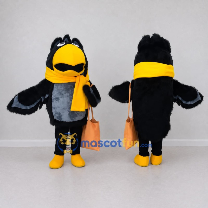 Custom Black and Yellow Bird Character with a Scarf Mascot Costume Adult Full Body Suit for School Events Custom Black and Yellow Bird Character with a Scarf Mascot Costume Adult Full Body Suit for School Events