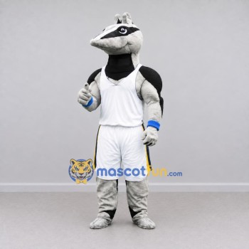 Custom Gray and White Badger Character in Sportswear Mascot Costume Adult Full Body Suit for Sports Events Custom Gray and White Badger Character in Sportswear Mascot Costume Adult Full Body Suit for Sports Events