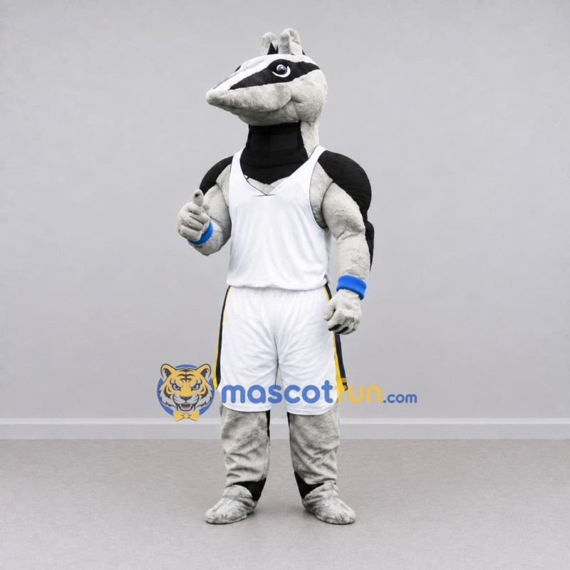 Custom Gray and White Badger Character in Sportswear Mascot Costume Adult Full Body Suit for Sports Events Custom Gray and White Badger Character in Sportswear Mascot Costume Adult Full Body Suit for Sports Events