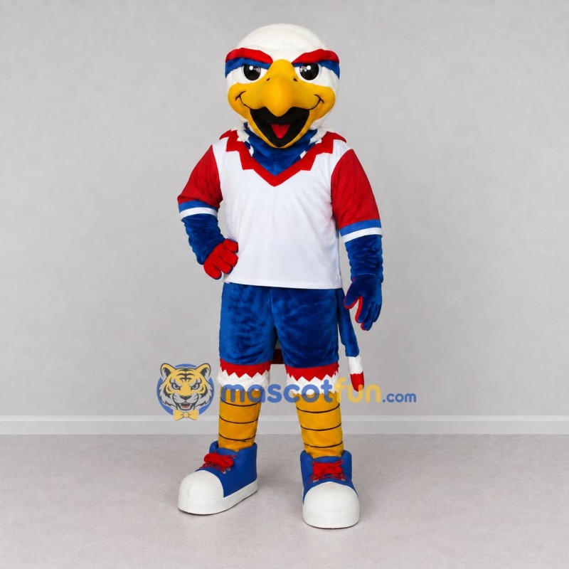 Custom White Red and Blue Eagle Character in Sportswear Mascot Costume Adult Full Body Suit for Sports Events Custom White Red and Blue Eagle Character in Sportswear Mascot Costume Adult Full Body Suit for Sports Events
