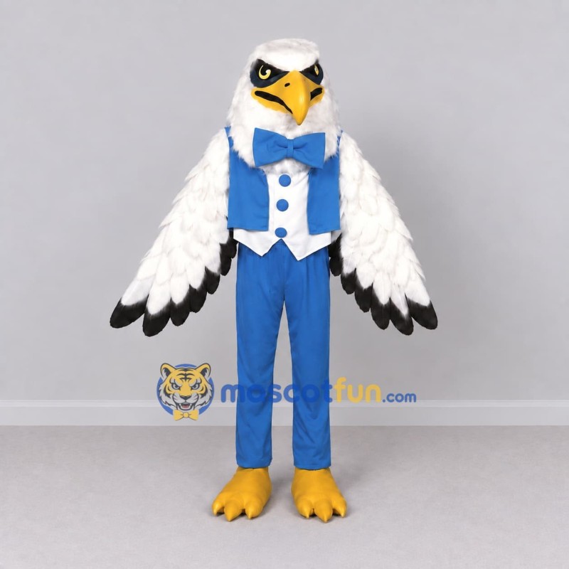 Custom White and Blue Eagle Character in Formalwear Mascot Costume Adult Full Body Suit for Theme Parties Custom White and Blue Eagle Character in Formalwear Mascot Costume Adult Full Body Suit for Theme Parties