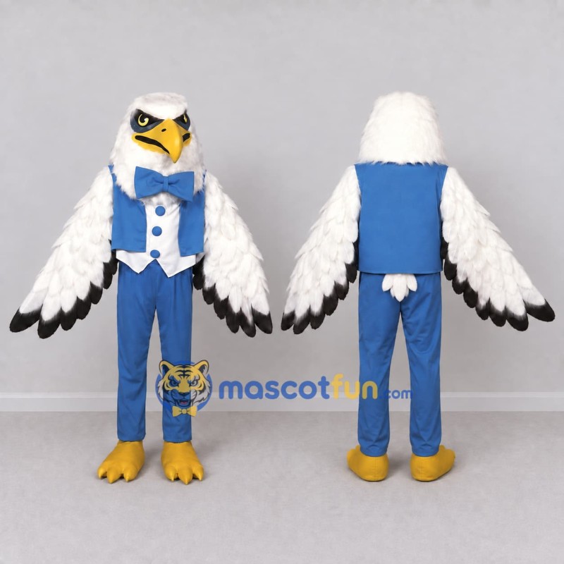 Custom White and Blue Eagle Character in Formalwear Mascot Costume Adult Full Body Suit for Theme Parties Custom White and Blue Eagle Character in Formalwear Mascot Costume Adult Full Body Suit for Theme Parties