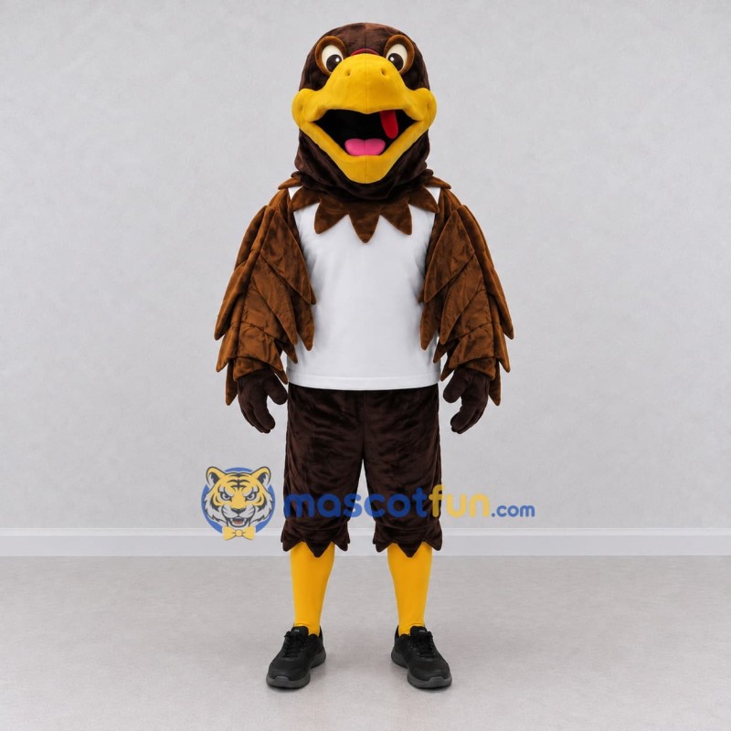 Custom Brown and White Bird Character in a Jersey Mascot Costume Adult Full Body Suit for Sports Events Custom Brown and White Bird Character in a Jersey Mascot Costume Adult Full Body Suit for Sports Events