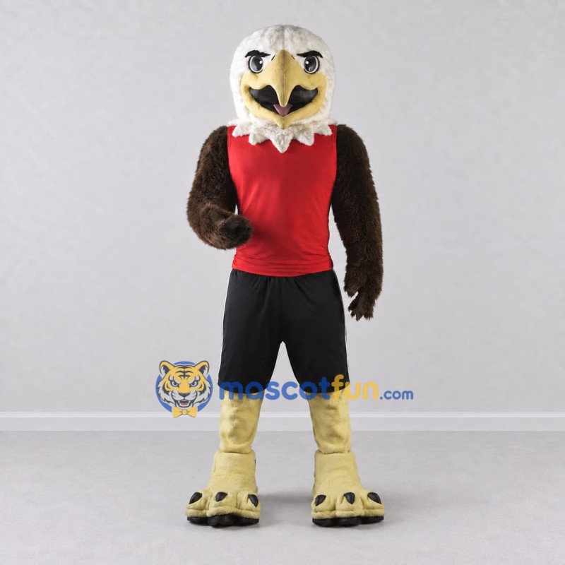 Custom Brown and White Eagle Character in a Red Jersey Mascot Costume Adult Full Body Suit for Sports Events Custom Brown and White Eagle Character in a Red Jersey Mascot Costume Adult Full Body Suit for Sports Events