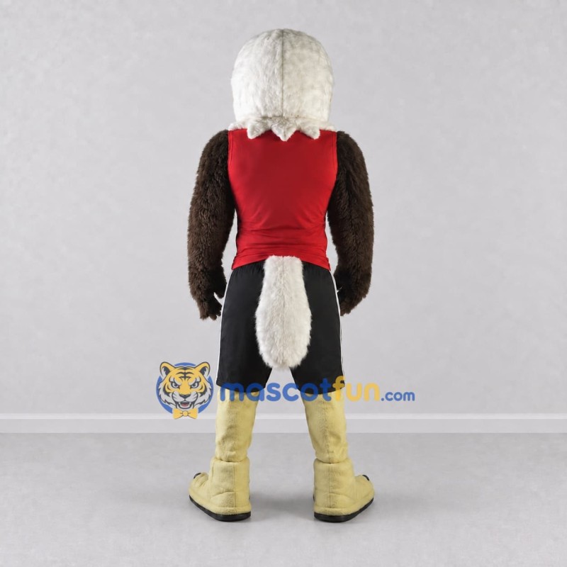 Custom Brown and White Eagle Character in a Red Jersey Mascot Costume Adult Full Body Suit for Sports Events Custom Brown and White Eagle Character in a Red Jersey Mascot Costume Adult Full Body Suit for Sports Events
