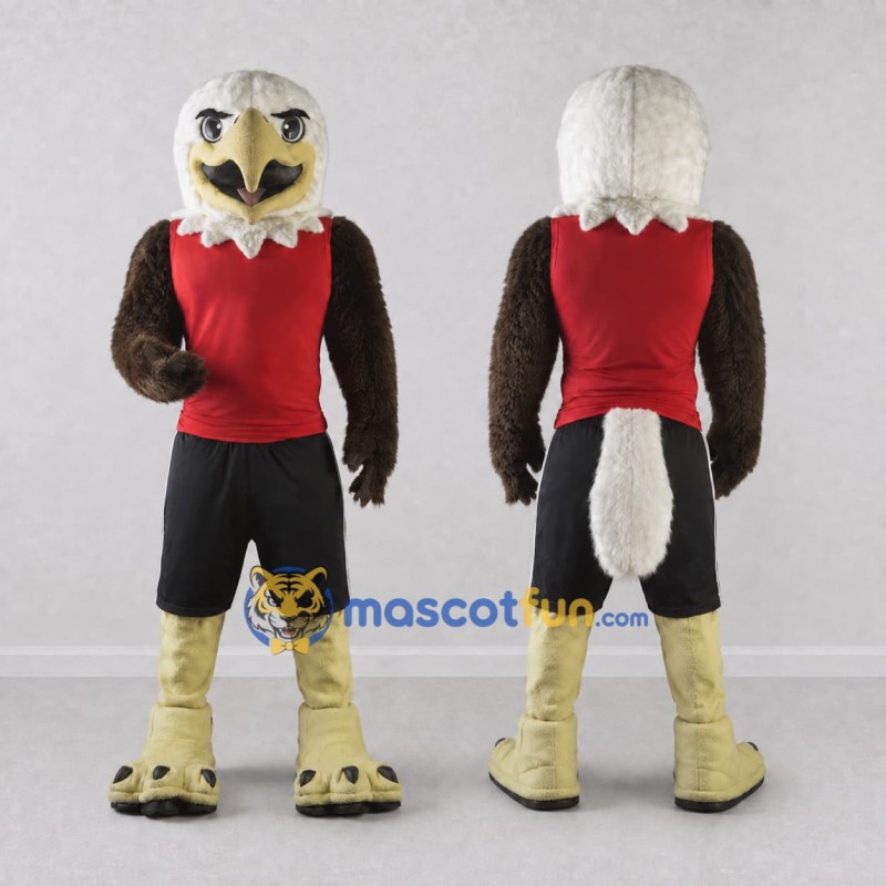 Custom Brown and White Eagle Character in a Red Jersey Mascot Costume Adult Full Body Suit for Sports Events Custom Brown and White Eagle Character in a Red Jersey Mascot Costume Adult Full Body Suit for Sports Events