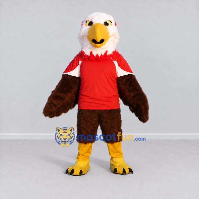 Custom Brown and White Eagle Character in a Red Shirt Mascot Costume Adult Full Body Suit for Sports Events Custom Brown and White Eagle Character in a Red Shirt Mascot Costume Adult Full Body Suit for Sports Events