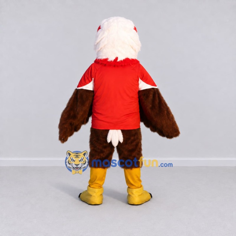 Custom Brown and White Eagle Character in a Red Shirt Mascot Costume Adult Full Body Suit for Sports Events Custom Brown and White Eagle Character in a Red Shirt Mascot Costume Adult Full Body Suit for Sports Events