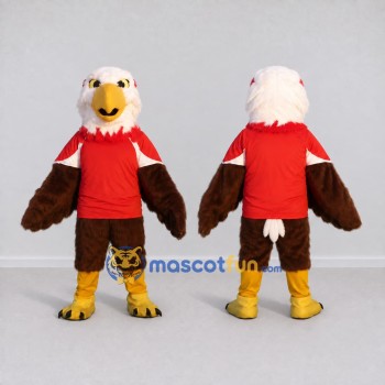Custom Brown and White Eagle Character in a Red Shirt Mascot Costume Adult Full Body Suit for Sports Events