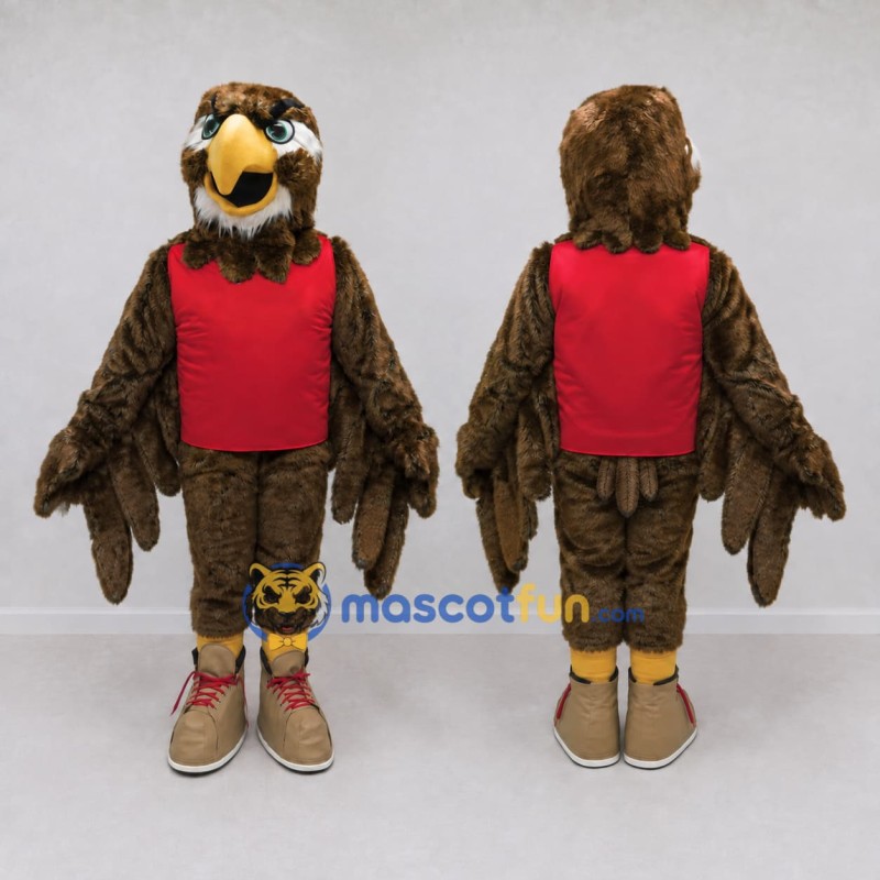 Custom Brown and Red Eagle Character in a Jersey Mascot Costume Adult Full Body Suit for Sports Events Custom Brown and Red Eagle Character in a Jersey Mascot Costume Adult Full Body Suit for Sports Events
