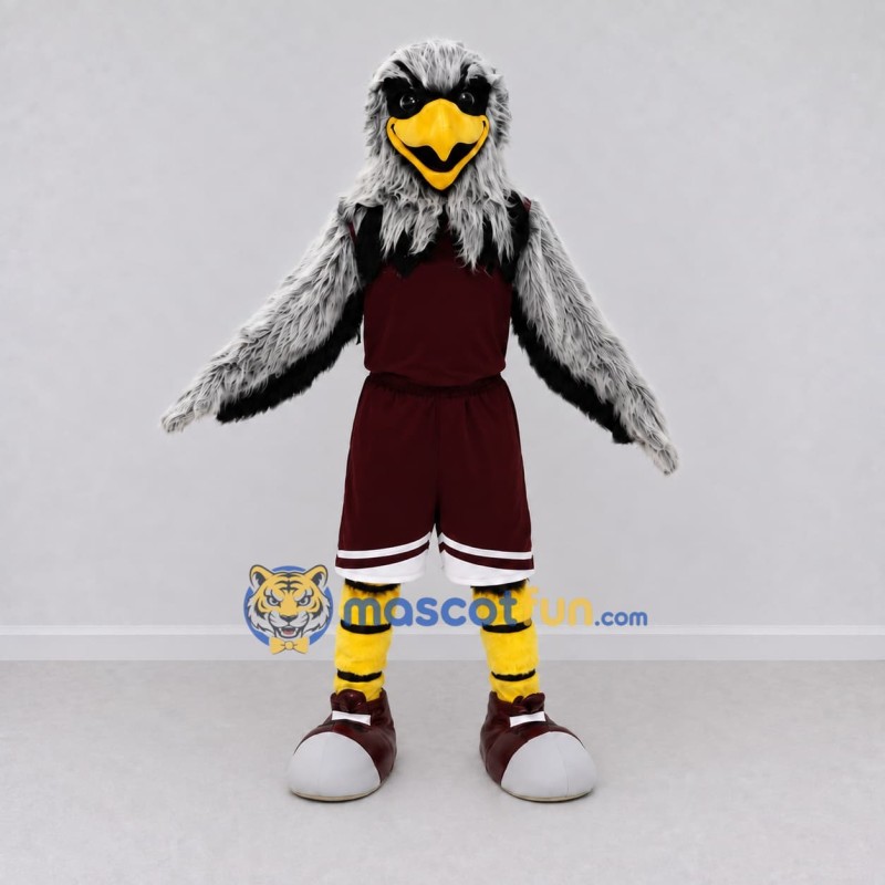 Custom Gray and Burgundy Eagle Character in Sportswear Mascot Costume Adult Full Body Suit for Sports Events
