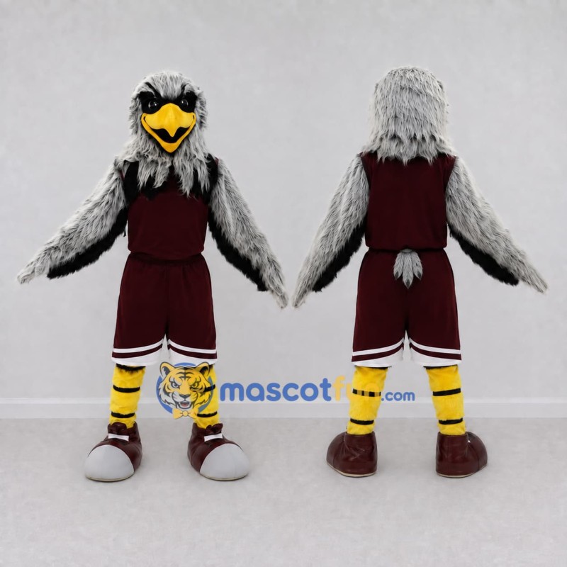 Custom Gray and Burgundy Eagle Character in Sportswear Mascot Costume Adult Full Body Suit for Sports Events
