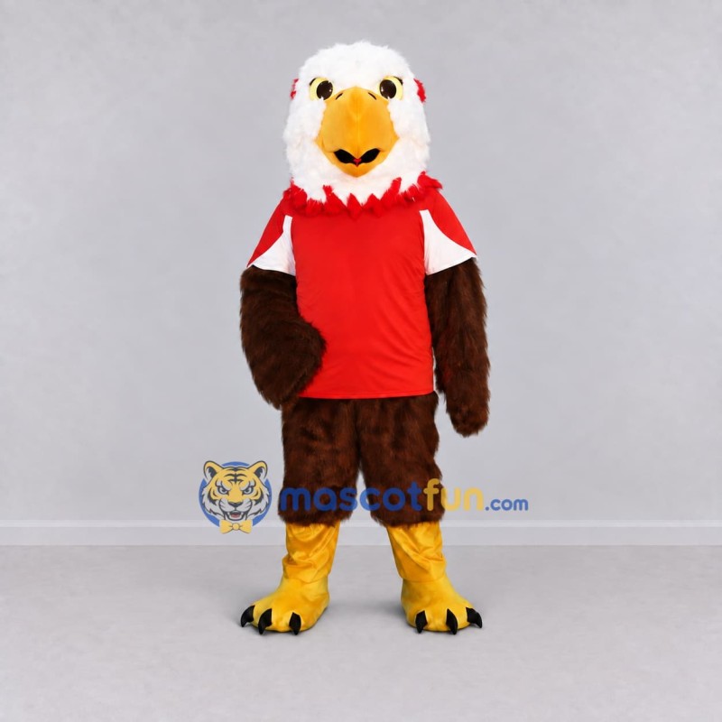 Custom Brown and White Eagle Character in a Red Shirt Mascot Costume Adult Full Body Suit for Sports Events Custom Brown and White Eagle Character in a Red Shirt Mascot Costume Adult Full Body Suit for Sports Events