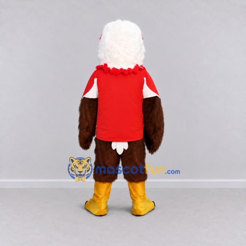 Custom Brown and White Eagle Character in a Red Shirt Mascot Costume Adult Full Body Suit for Sports Events Custom Brown and White Eagle Character in a Red Shirt Mascot Costume Adult Full Body Suit for Sports Events