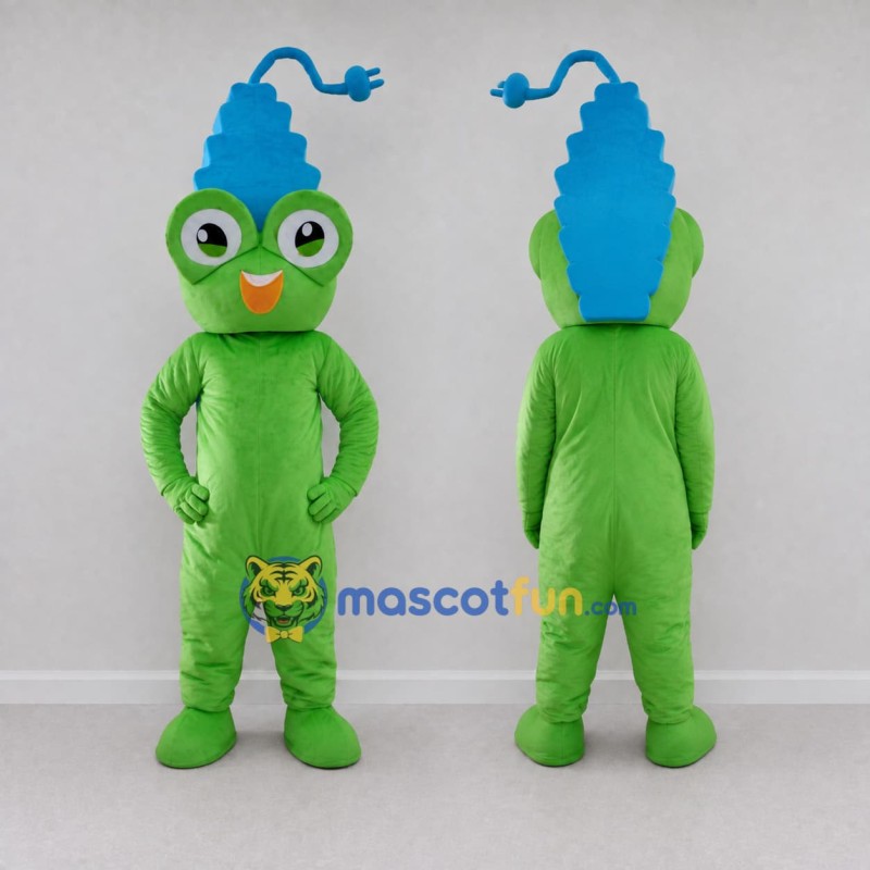 Custom Green and Blue Bird Character with a Plug Crest Mascot Costume Adult Full Body Suit for School Events Custom Green and Blue Bird Character with a Plug Crest Mascot Costume Adult Full Body Suit for School Events