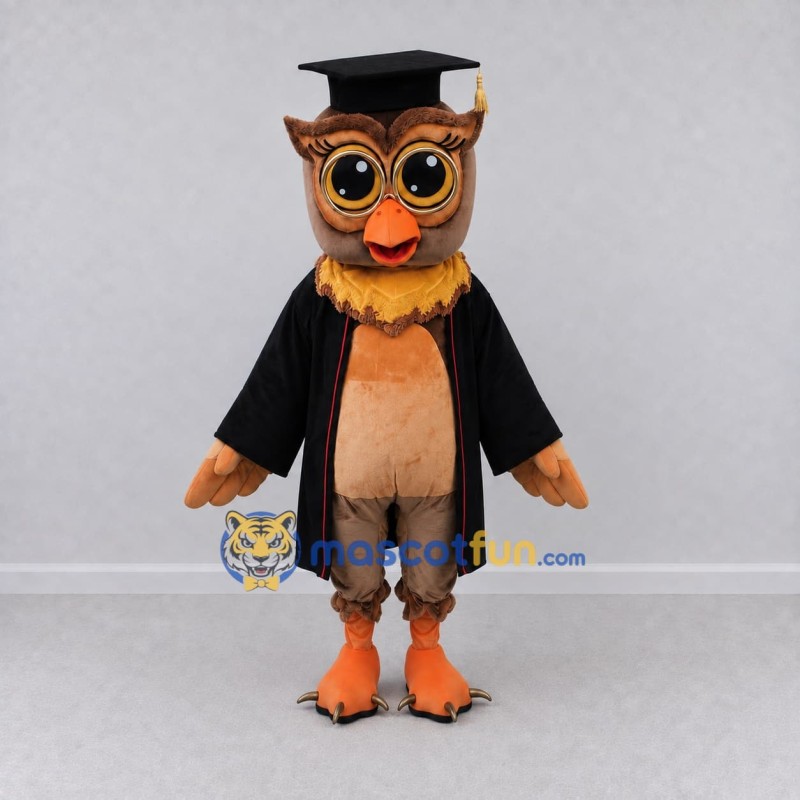 Custom Brown and Orange Owl Graduate Character Mascot Costume Adult Full Body Suit for School Events Custom Brown and Orange Owl Graduate Character Mascot Costume Adult Full Body Suit for School Events