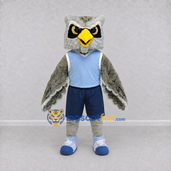 Custom Gray and Blue Owl Character in Sportswear Mascot Costume Adult Full Body Suit for Sports Events