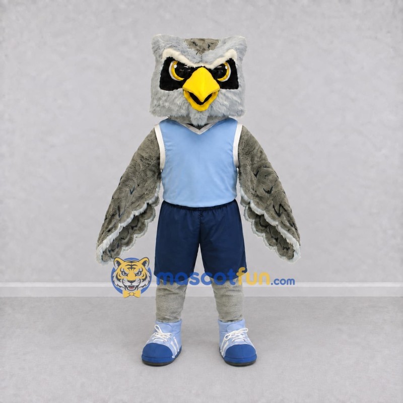 Custom Gray and Blue Owl Character in Sportswear Mascot Costume Adult Full Body Suit for Sports Events Custom Gray and Blue Owl Character in Sportswear Mascot Costume Adult Full Body Suit for Sports Events