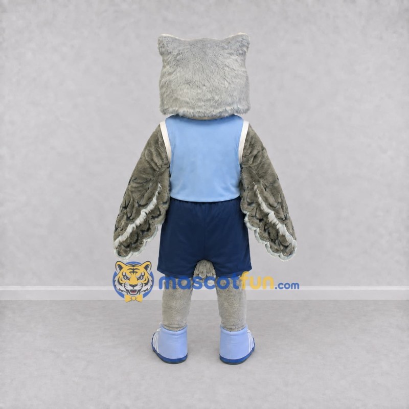 Custom Gray and Blue Owl Character in Sportswear Mascot Costume Adult Full Body Suit for Sports Events Custom Gray and Blue Owl Character in Sportswear Mascot Costume Adult Full Body Suit for Sports Events