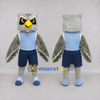 Custom Gray and Blue Owl Character in Sportswear Mascot Costume Adult Full Body Suit for Sports Events