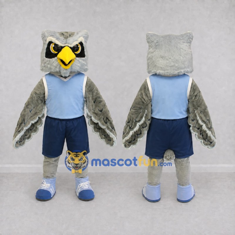 Custom Gray and Blue Owl Character in Sportswear Mascot Costume Adult Full Body Suit for Sports Events Custom Gray and Blue Owl Character in Sportswear Mascot Costume Adult Full Body Suit for Sports Events