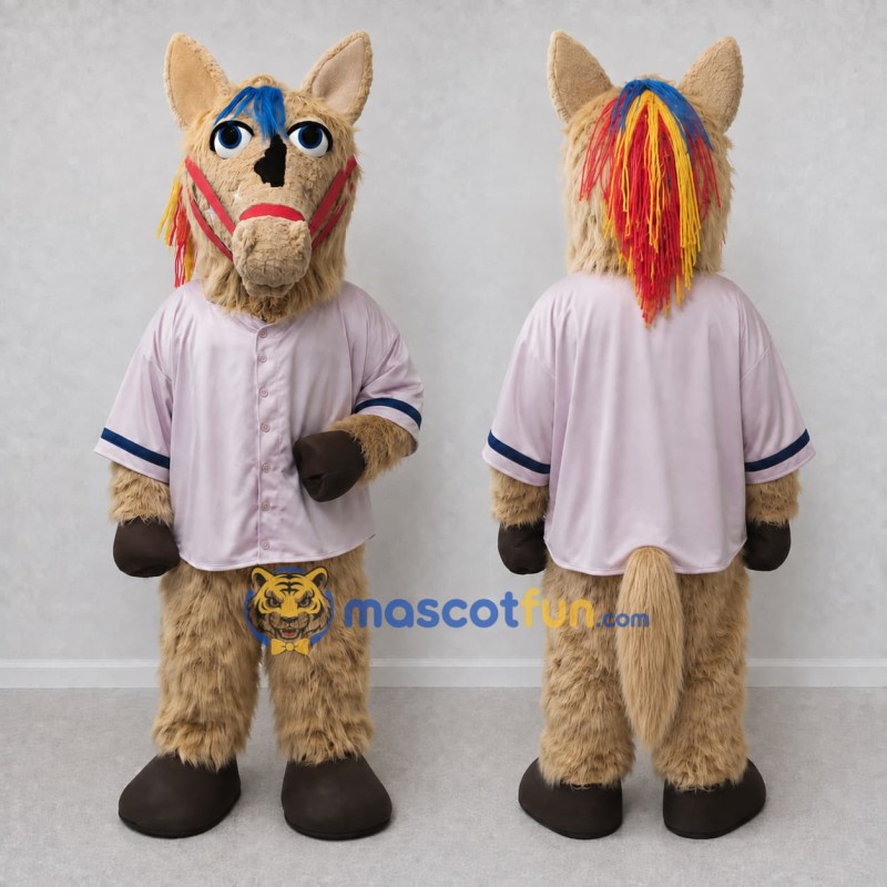 Custom Tan and Pink Horse Character in a Jersey Mascot Costume Adult Full Body Suit for Sports Events